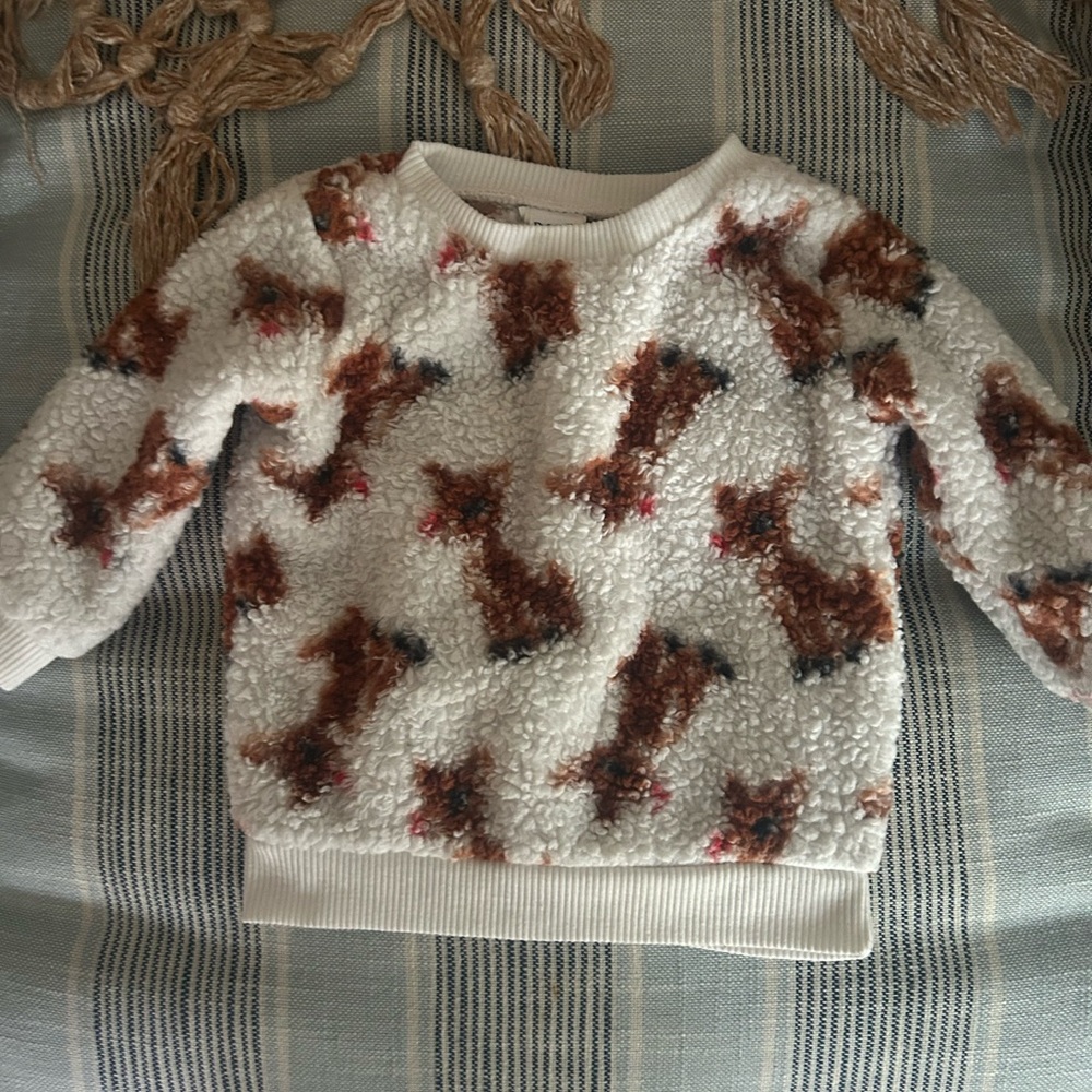 Baby 9 Months Fuzzy Sherpa Christmas Sweater – Reindeer Print – Holiday Pullover